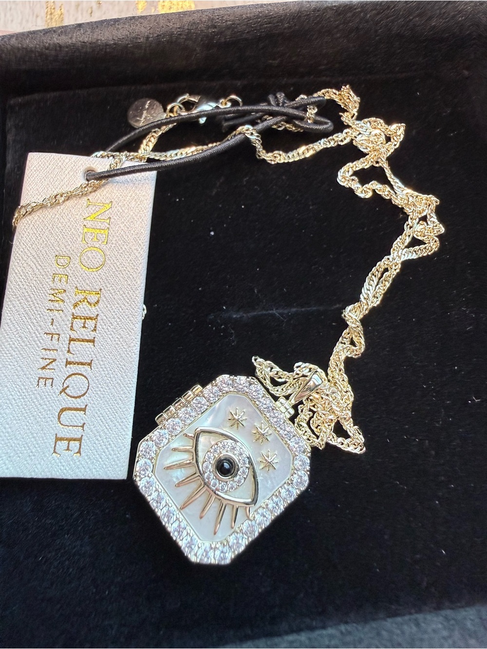 Gold Evil Eye Locket Necklace - Gold Mother of Pearl Crystals